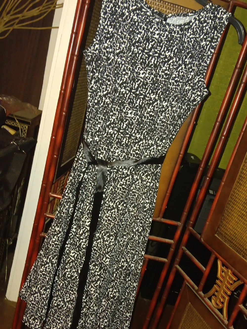 Black & White Printed Cap-Sleeve Dress with Belt